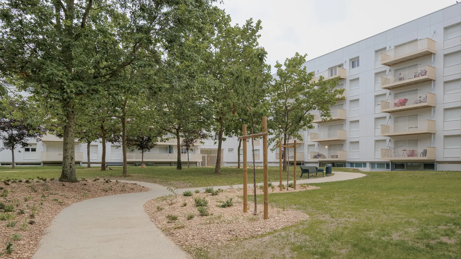 Allée piétonne sinueuse traversant l'espace vert central arboré au pied des résidences modernisées par l'agence Jba à Nantes Bottière.